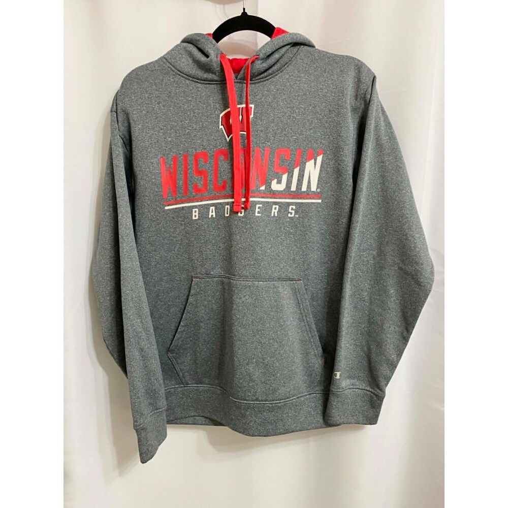 Champion Wisconsin Badgers Gray Pullover Hoodie Red Lined Small NCAA Sweatshirt